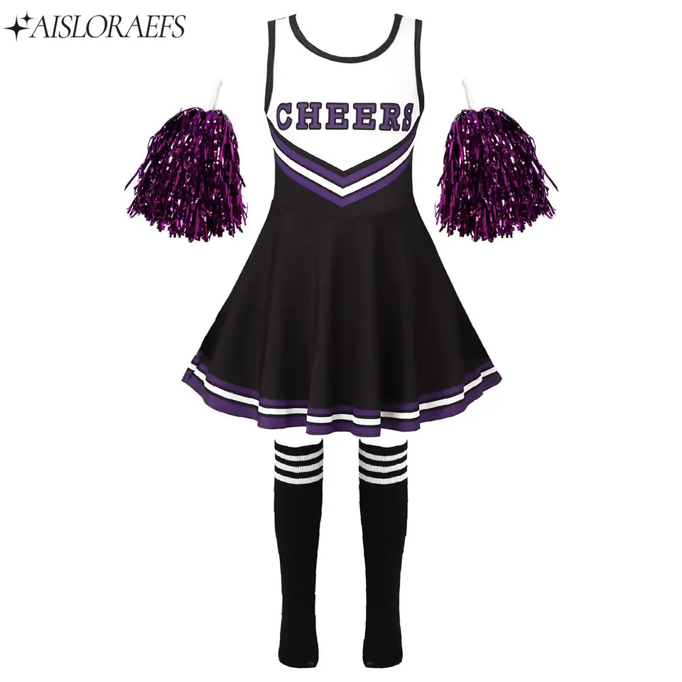 Girls Cheerleader Outfit Cheerleading Costume for Sport Games Round  Neckline Letter Print Patchwork Dance Dress Flower And Socks - AliExpress