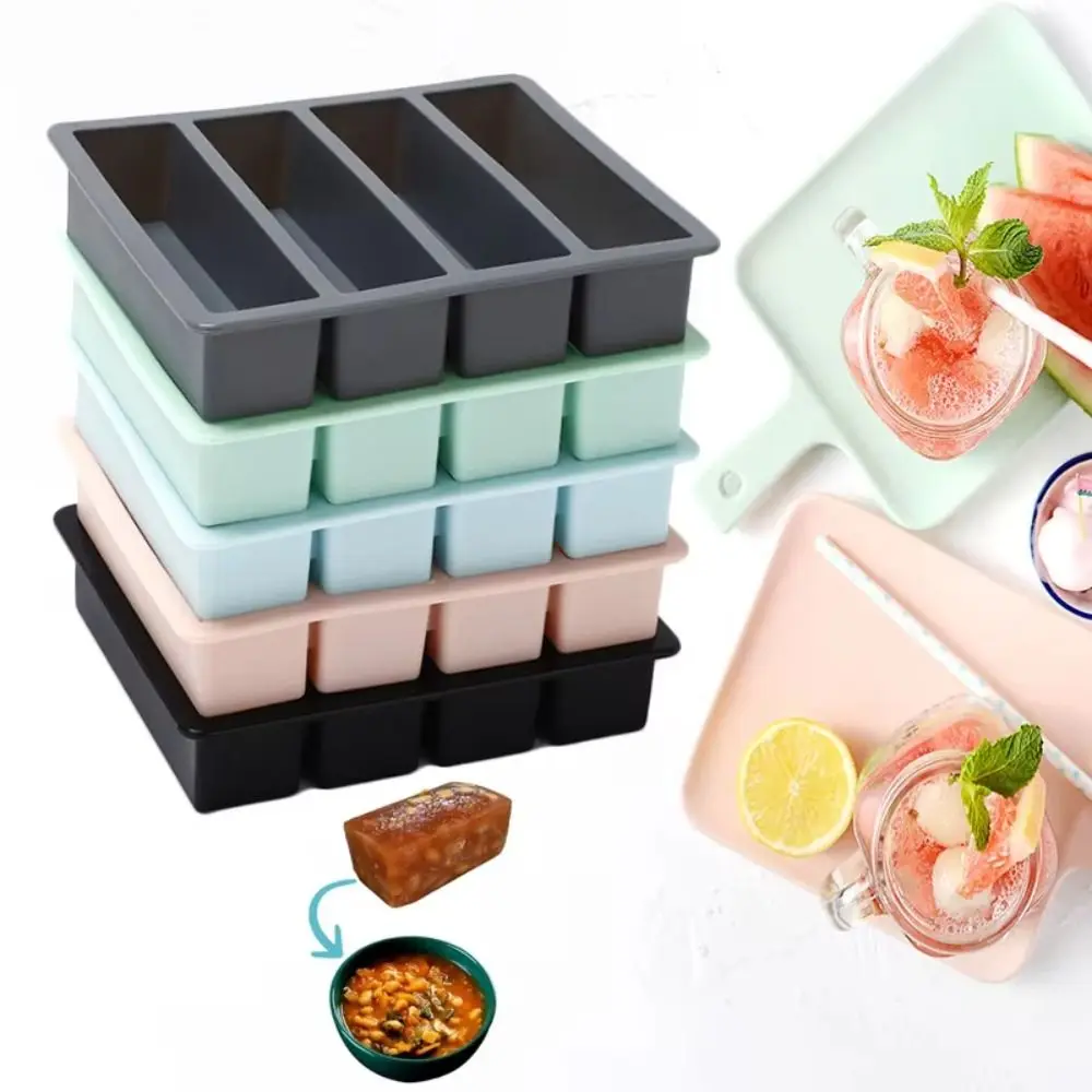 Durable 4 Grids Food Freezing Molds with Lid Extra Large Silicone Ice Mold Reusable Food Sauce Storage Freezer Trays