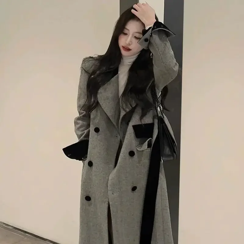 حجم كبير معطف الصوف الرمادي الطويل المرأة سترة صوف...