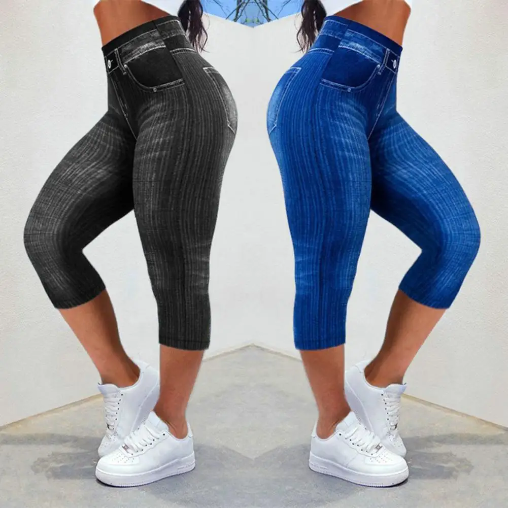 Women Cropped Pants Stretch Fitness Fake Pockets High Waist Butt-lifted Faux Denim Jeans Soft Casual Thin Pencil Pants