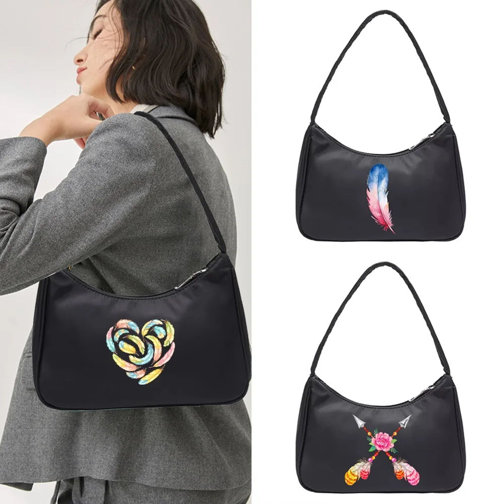 Fashion Women Armpit Shoulder Bag new nylon Casual Female Shopping Zipper Underarm Bags Purse Handbags Feather Series Print