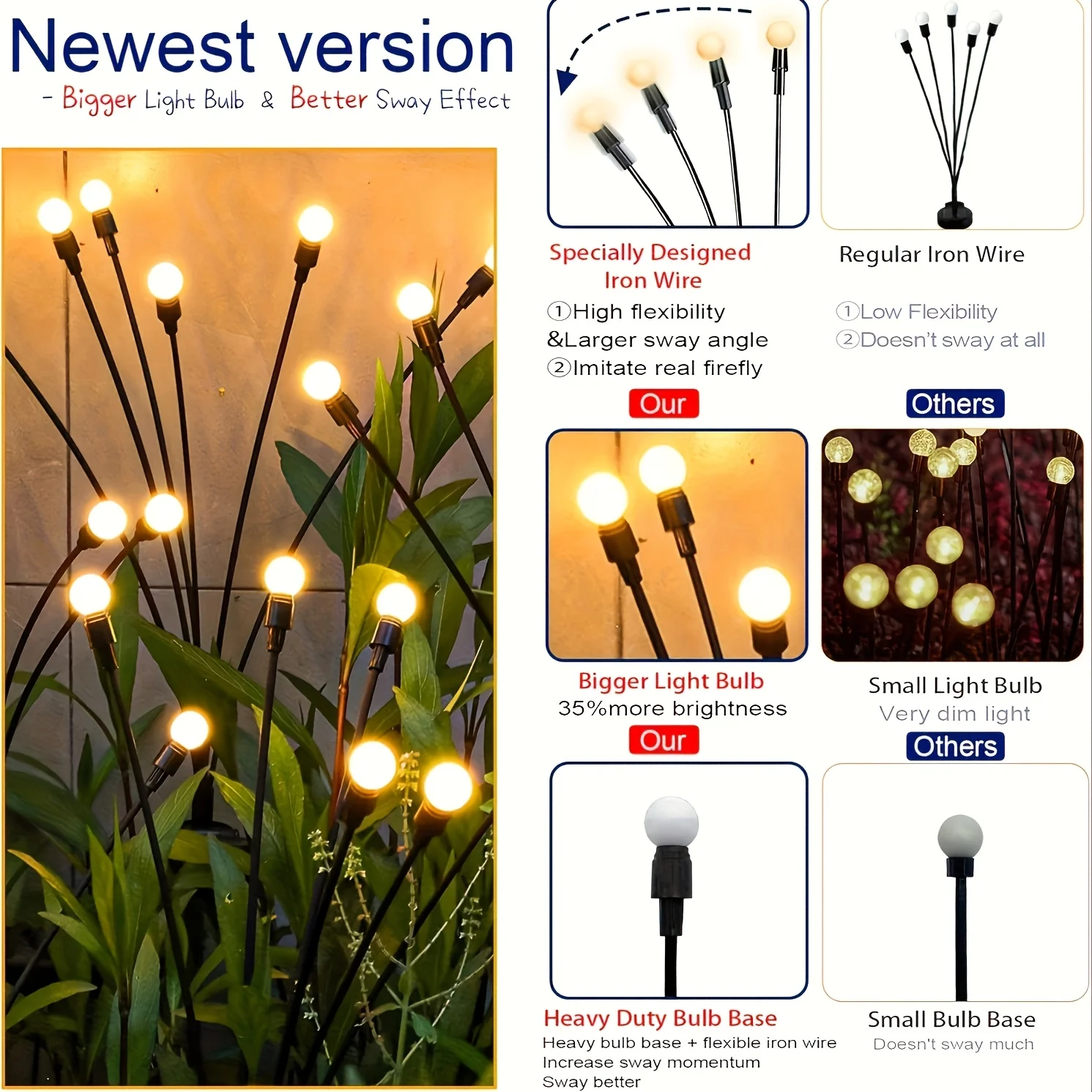 6/8/10 LED Solar Firefly Lights Waterproof Outdoor Swing Garden Lamp Flexible Wire Light for Yard Patio Christmas New Year Decor