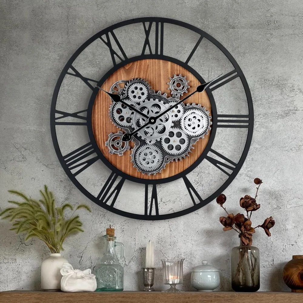 Gear Clock with Moving Gears,Large Wall Clocks for Living Room Decor,Farmhouse Steampunk Real Moving Gears Wall Clocks