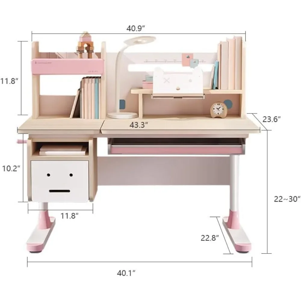 Children's table, wooden height-adjustable ergonomic children's table with tiltable top, storage drawer