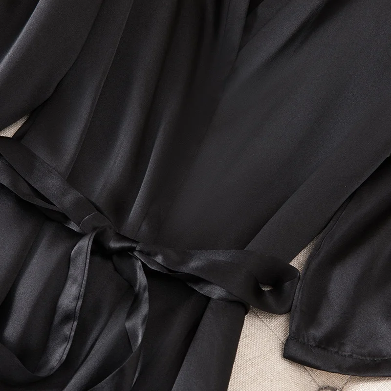 2023Spring/Summer Women's 100%Natural Mulberry Silk Long Pajamas Bathrobe Three Quarter Sleeve Pajamas Smooth Sexy Home Clothing