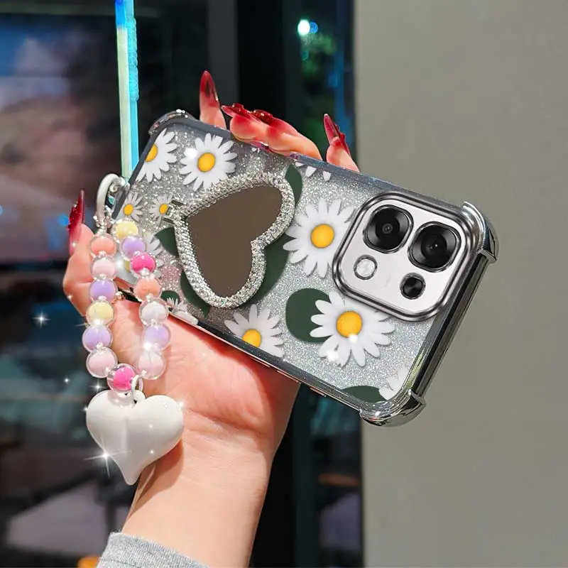 3-Piece White Daisy Phone Case Set with Lanyard and Circular Stand