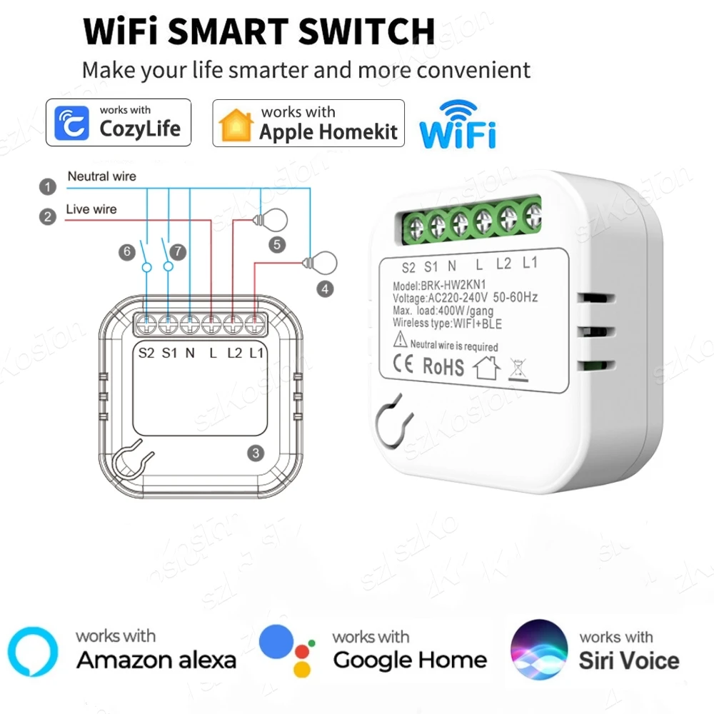 

WiFi Smart Switch Module Neutral Wire Required 2Way Control Smart Home Relay DIY Breaker Work with HomeKit Cozylife Alexa Google