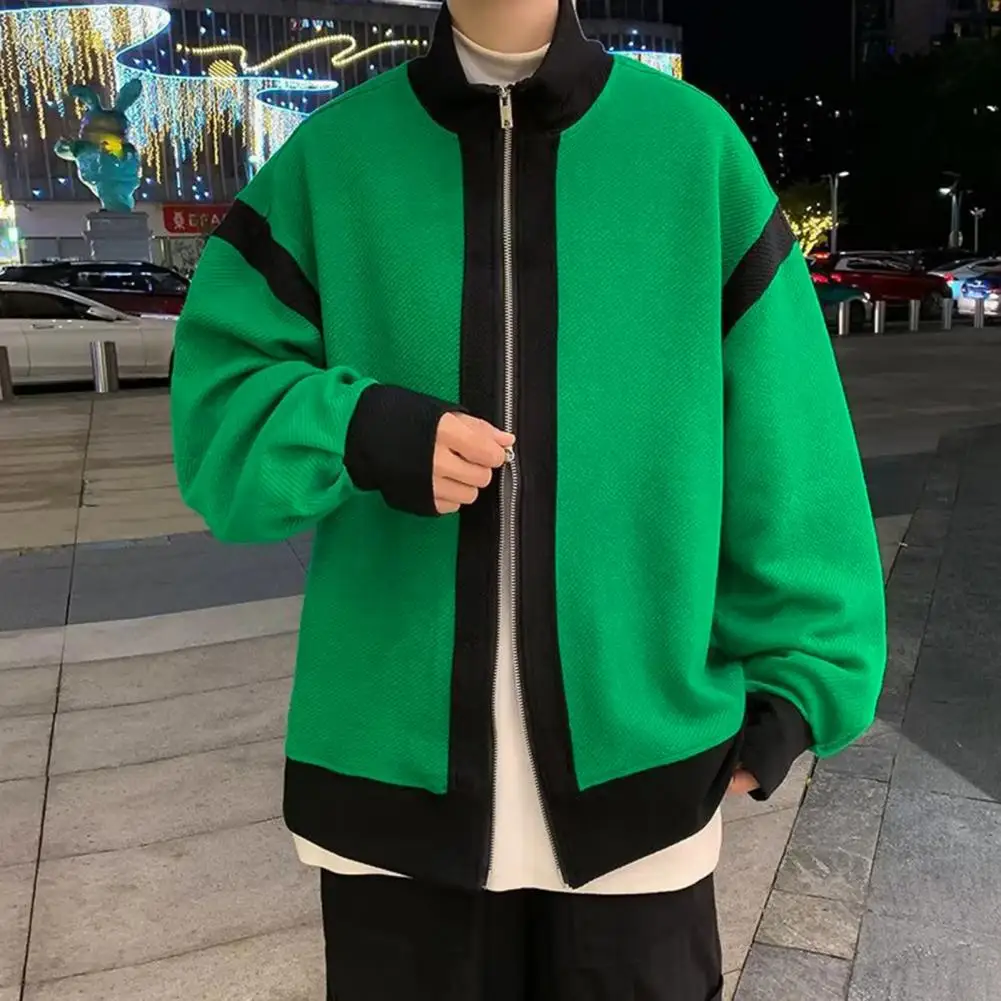 

Color-blocked Zippered Coat Colorblock Stand Collar Men's Winter Coat with Striped Texture Zipper Closure Long Sleeve for Fall