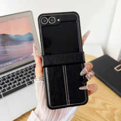 Luxury Calfskin PU Leather Textured Foldable Phone Case with Matte Shockproof Protection - Galaxy Z Flip5 (Black)