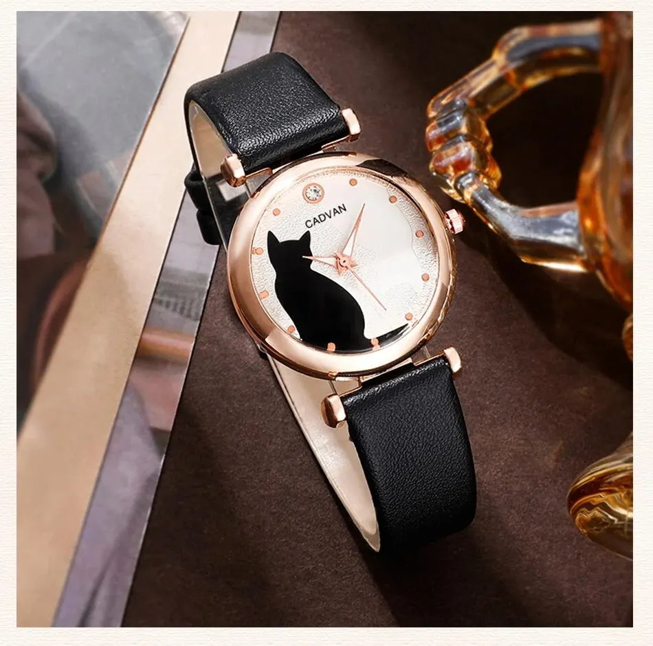 Sad2227dfb245421988ef8e72765768a3l 6PCS Set Women Fashion Quartz Watch Female Clock Cute Cat Dial Luxury Brand Design Ladies Leather Wrist Watch Montre Femme Mallzona