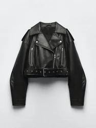 Women's Vintage Loose PU Leather Belted Jacket - Retro Moto Biker Style - S (Black)