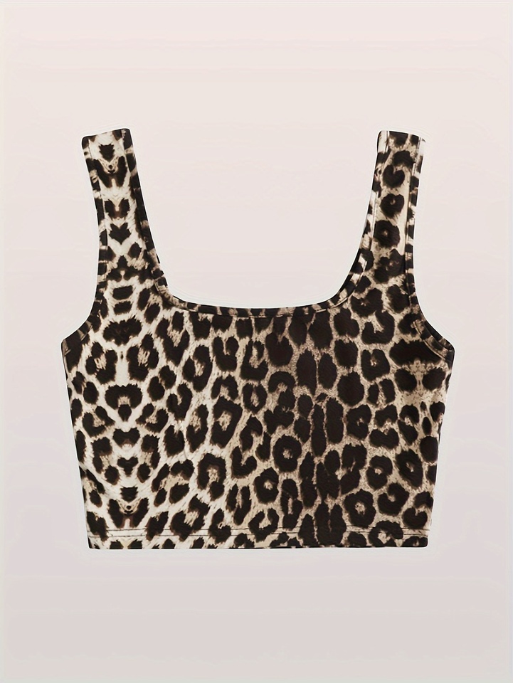  Women Leopard Print Square Neck Crop Tank Top Wide Straps Sleeveless Slim Fit Y2K Short Cami Top Summer Casual Streetwear Vest 