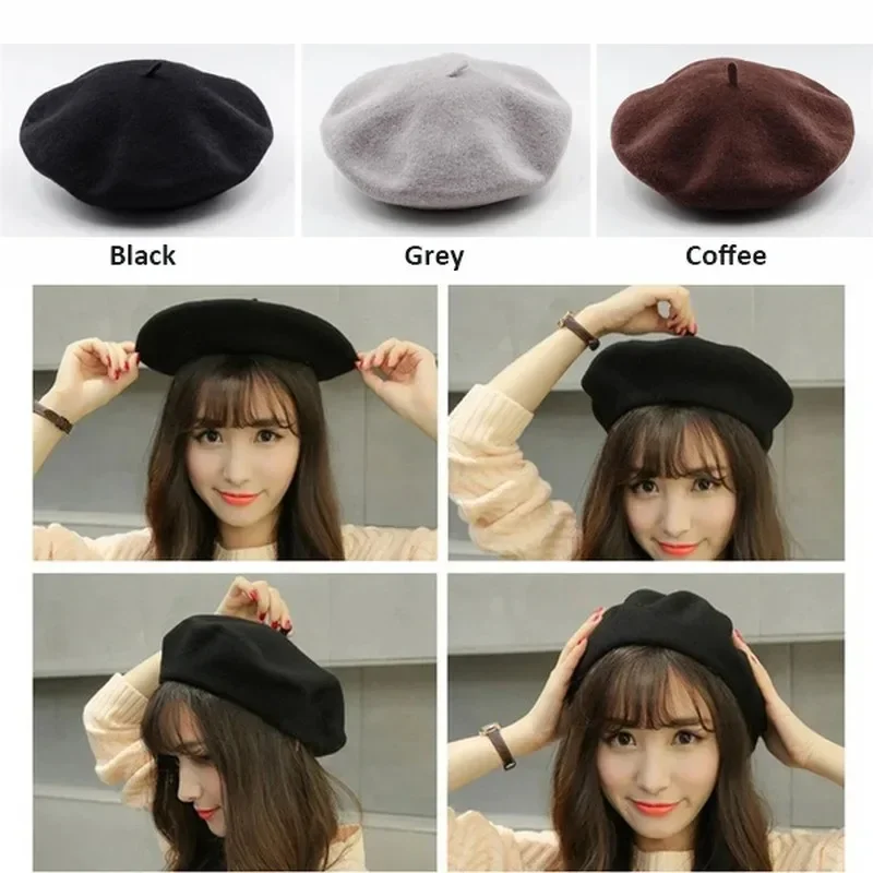 Women Colorful Wool Berets French Artist Style Warm Winter Hat Retro Plain Beret Solid Color Elegant Lady All Matched Autumn Cap