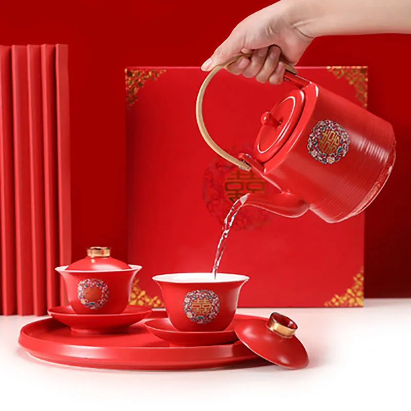 Chinese Red Ceramic Tea Set, Teapot, Gaiwan, Serving Tea Tray, Wedding Party Souvenir Gift, Porcelain Supplies