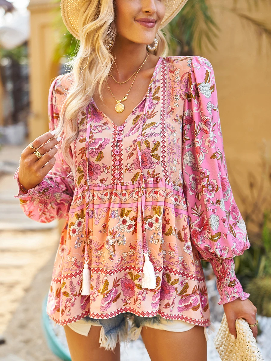 

KHALEE YOSE Boho Floral Printed Blouse Shirt Vintage Chic V-neck Spring AutumnTassels Women Vocation Long Sleeve Ladies Dresses