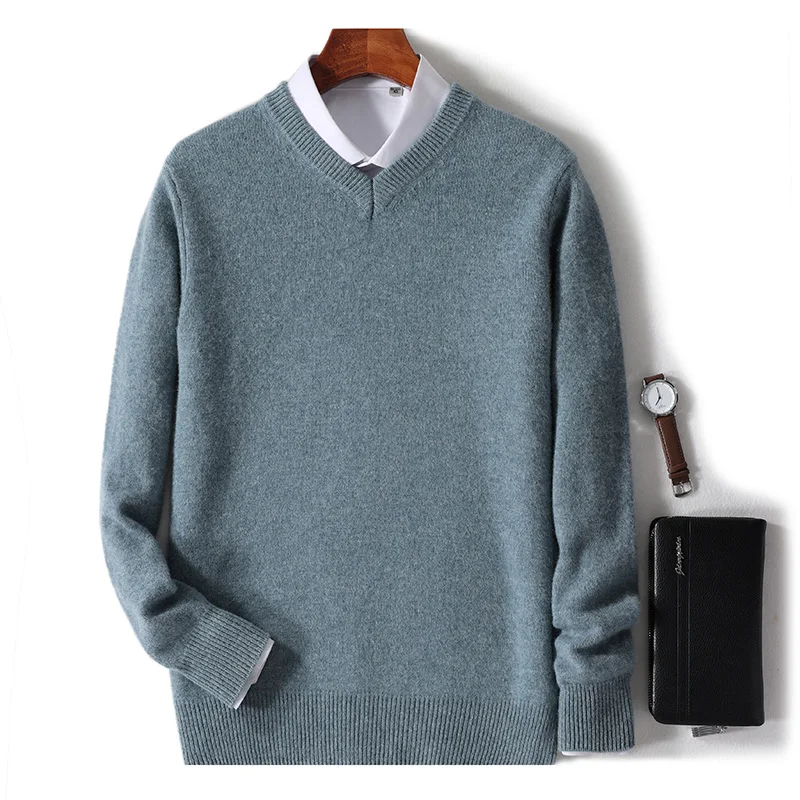 

Autumn And Winter New 100% Sweater Men's V-Neck Solid Color High-End Business Casual Long-Sleeved Pullover Loose Cashmere Top.