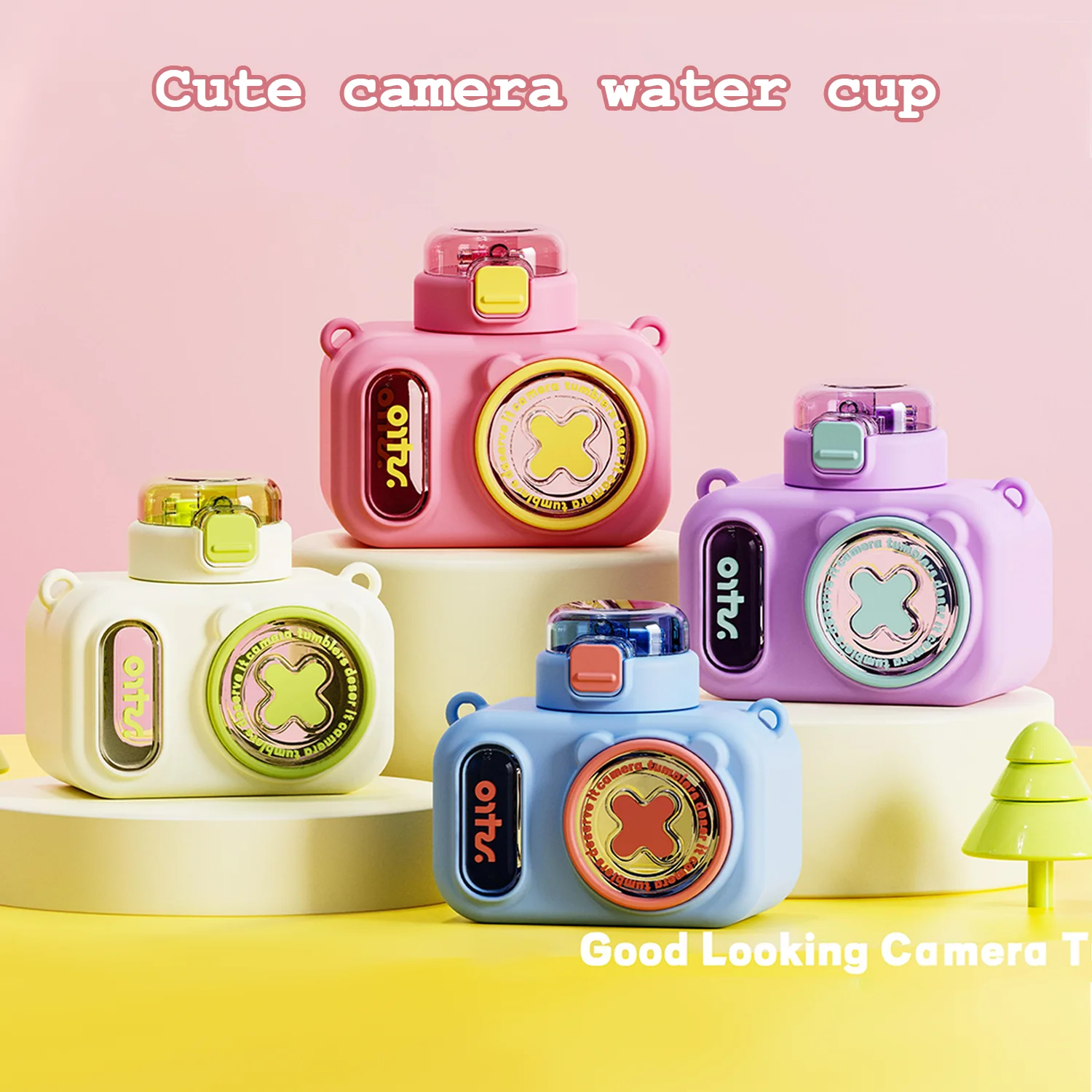 Kids Water Cup Cartoon Camera 580ML Cute Portable Leakproof Sippy Cup with Safety Latch for Kids Gift