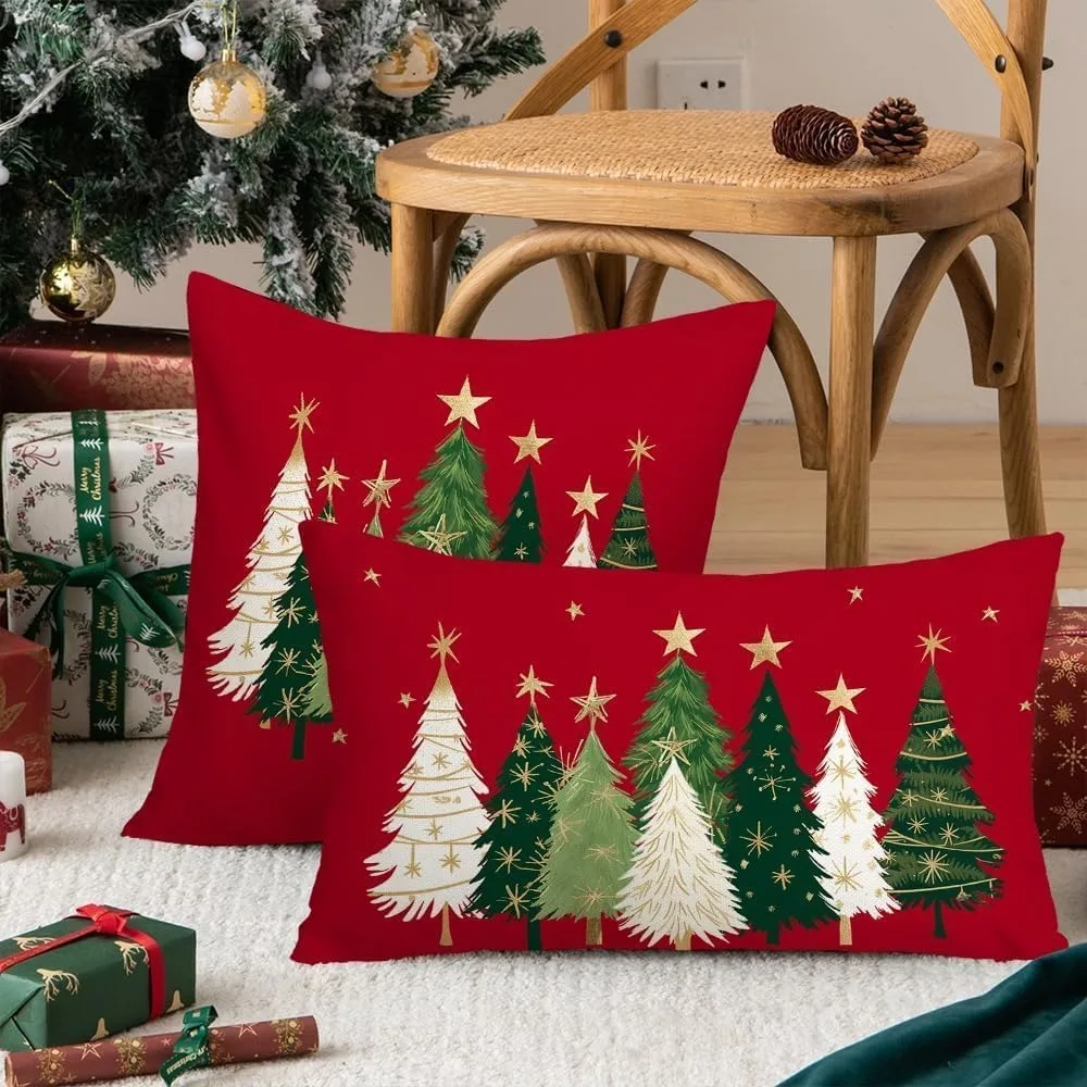 2pcs Christmas Pillow Cover 12X20 Inch Watercolor Christmas Tree Stars Decoration Holiday Farmhouse Winter Pillow Case for Sofa