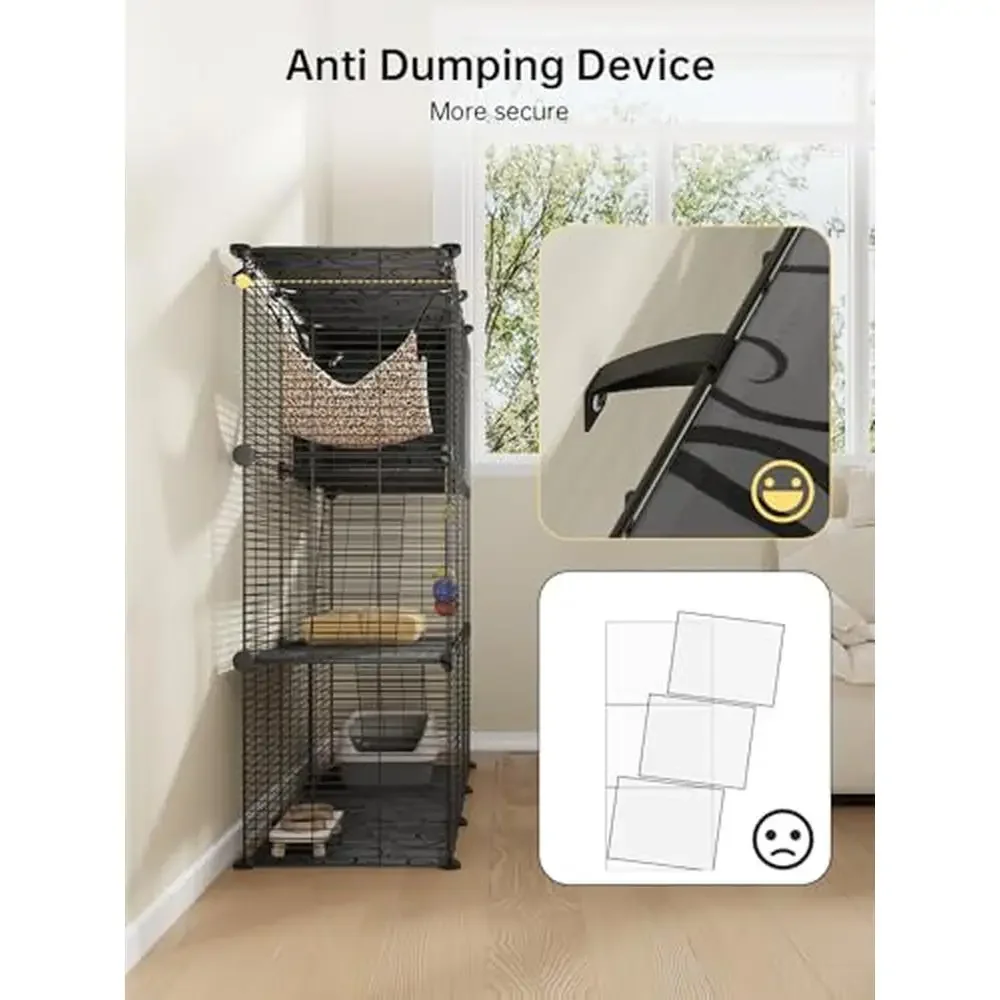 Cat Playpen with Hammock and Toy Ball 3-Tier Indoor Cat Cage 2-3 Cats Easy Assembly Metal Enclosure