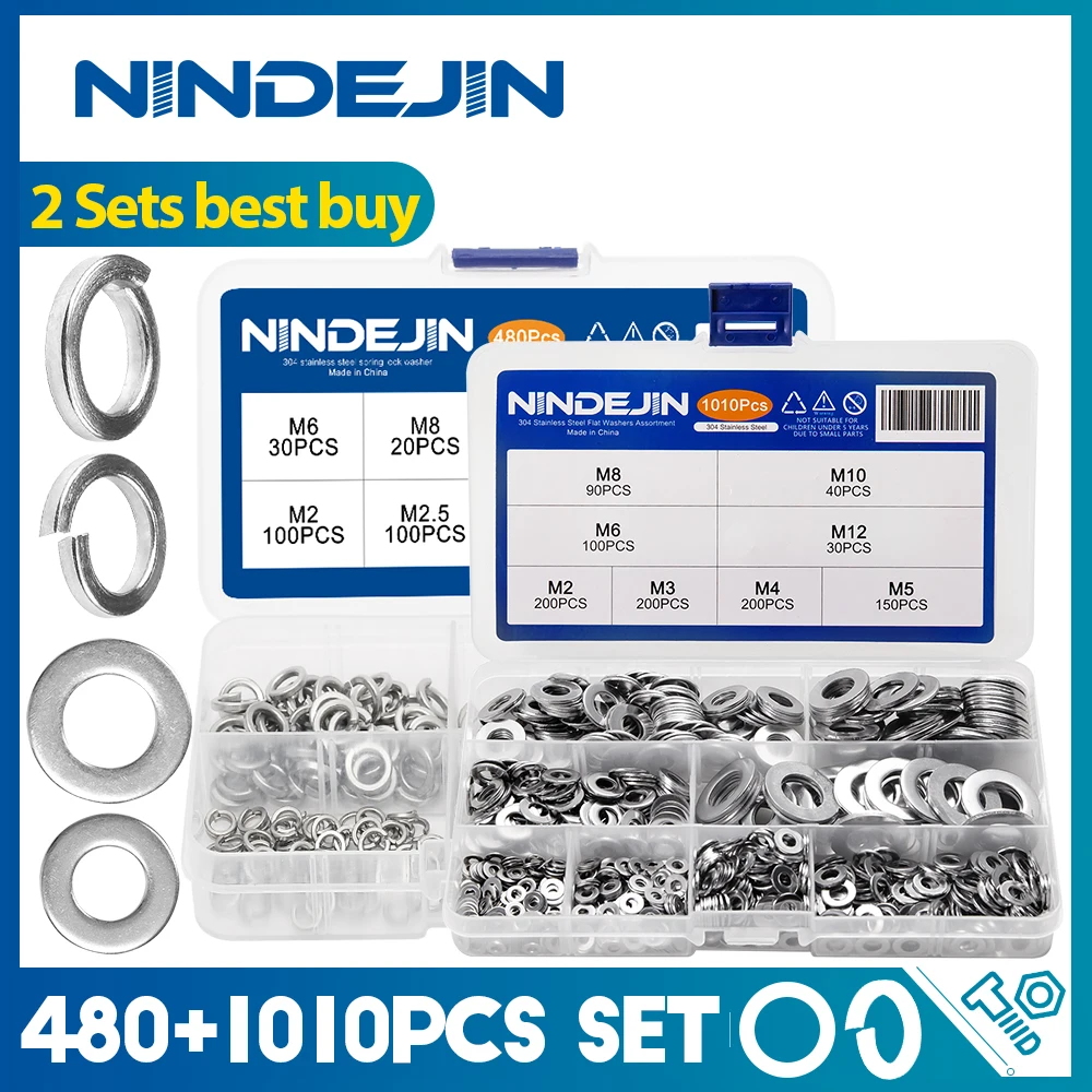 Nindejin 1010 Peças Anel de Arruelas Plain Gaxeta Conjunto M2-m12 480 Peças Primavera Lock Washer Sortimento Kit M2-m12 para Bicicleta Aço Inoxidável