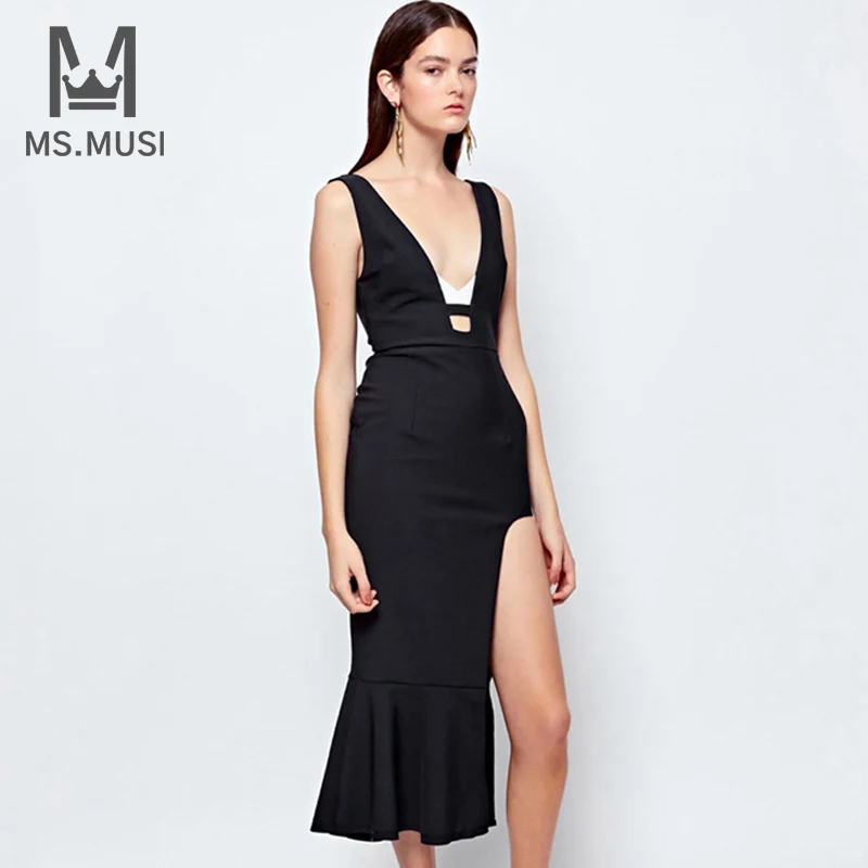

MSMUSI 2022 New Fashion Women Sexy Black Deep V Strap Sleeveless Hollow Out Bandage Flouncing Slit Bodycon Party Club Midi Dress