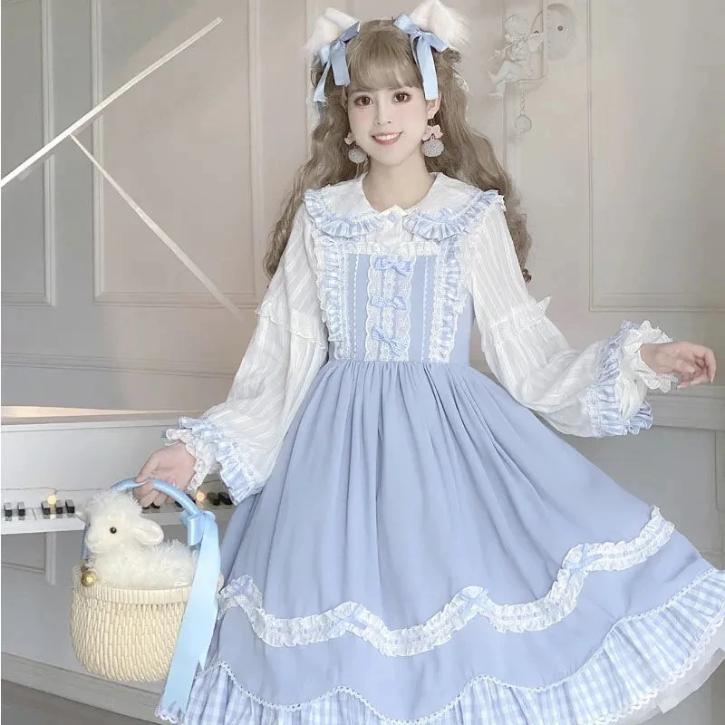 

Pastoral Style Cute Girl Jsk Lolita Suit Cosplay Sweet Loli Kawaii Bow Puff Sleeves Doll Collar Apron Ruffled Plaid Dress