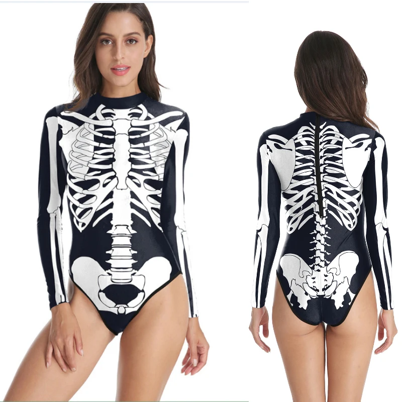 

Halloween Costume Skeleton Printed One-Piece Swimsuits Women Sexy Slim Long Sleeve Swimming Sports Wear Summer Slim Bathing Suit