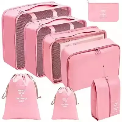 Waterproof Travel Packing Cubes Set with Drawstring Storage Pouches - 8-Piece Luggage Organizer for Clothes, Shoes, Underwear, and Cosmetics