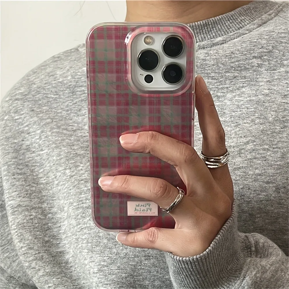 Niedliche Dopamin-Farbblock-Muster Transparente Handyhülle für iPhone 18 17 16 15 14 13 12 11 Pro Max 7 8 Plus X Rosa Tartan-Cover – Detail 6