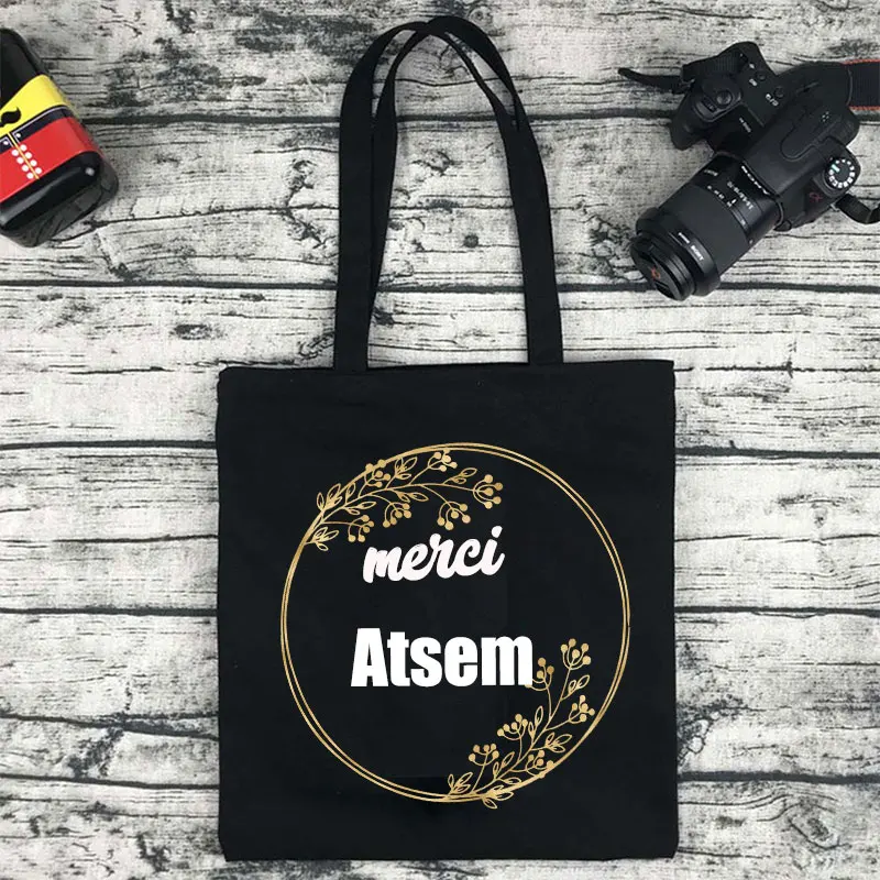 Merci Atsem French Print Harajuku Shoulder Bag Shopping Girls Handbag  Women Canvas Bag Fashion Women Canvas Shopping Bag