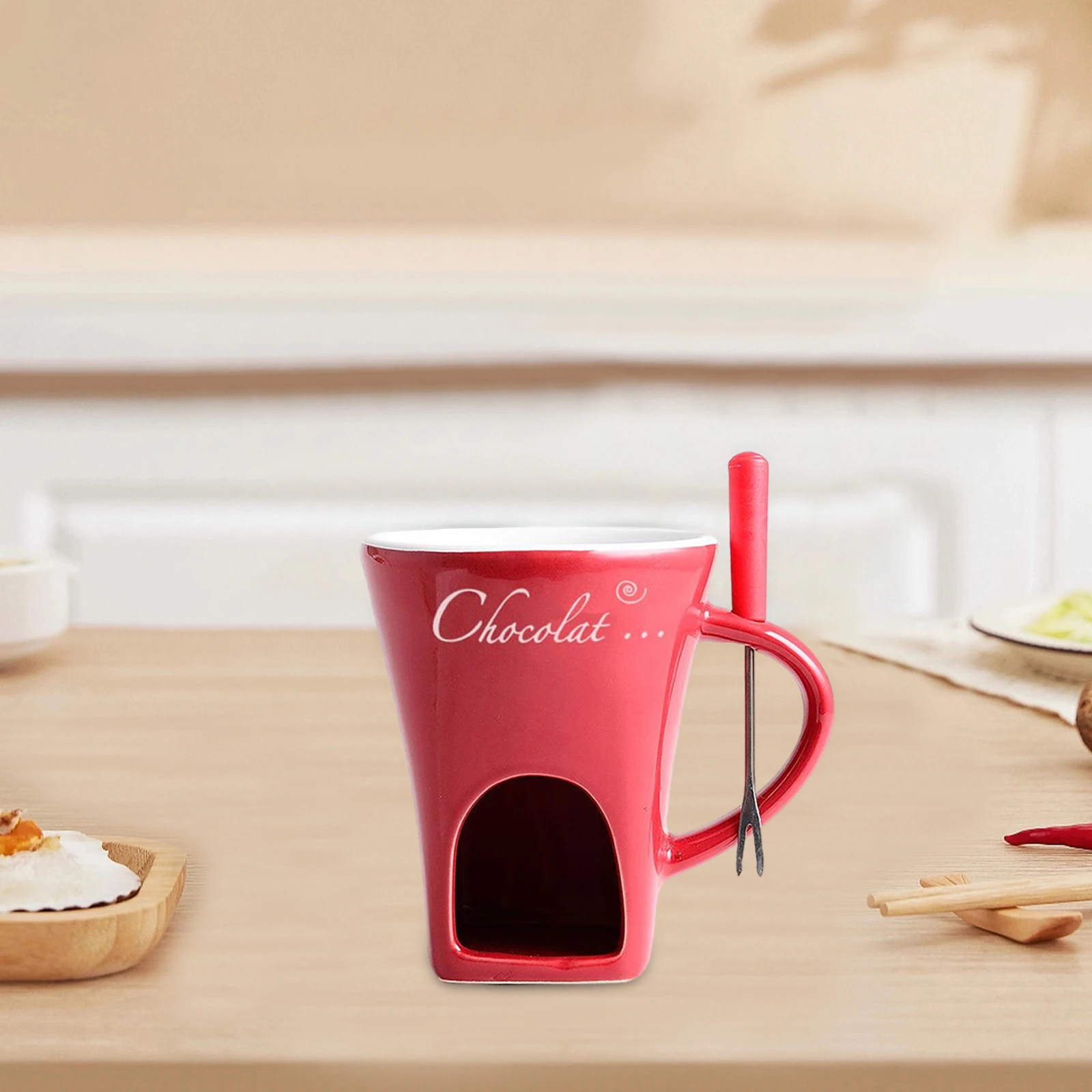 Fondue Mug Chocolate Melting Cup with Fork and Spoon Cheese Butter Warmer for Anniversary Birthday Home Kitchen Dinner Cooking
