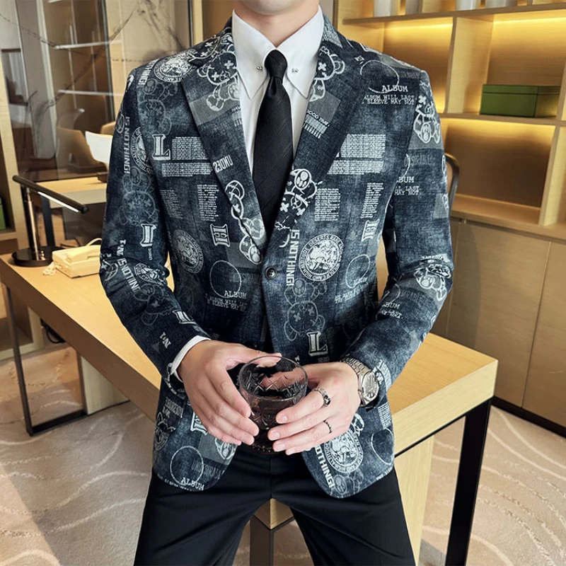 Autumn Winter Jacquard Denim Suit Jacket for Men Fashion Business Casual Blazers Streetwear Social Men Clothing