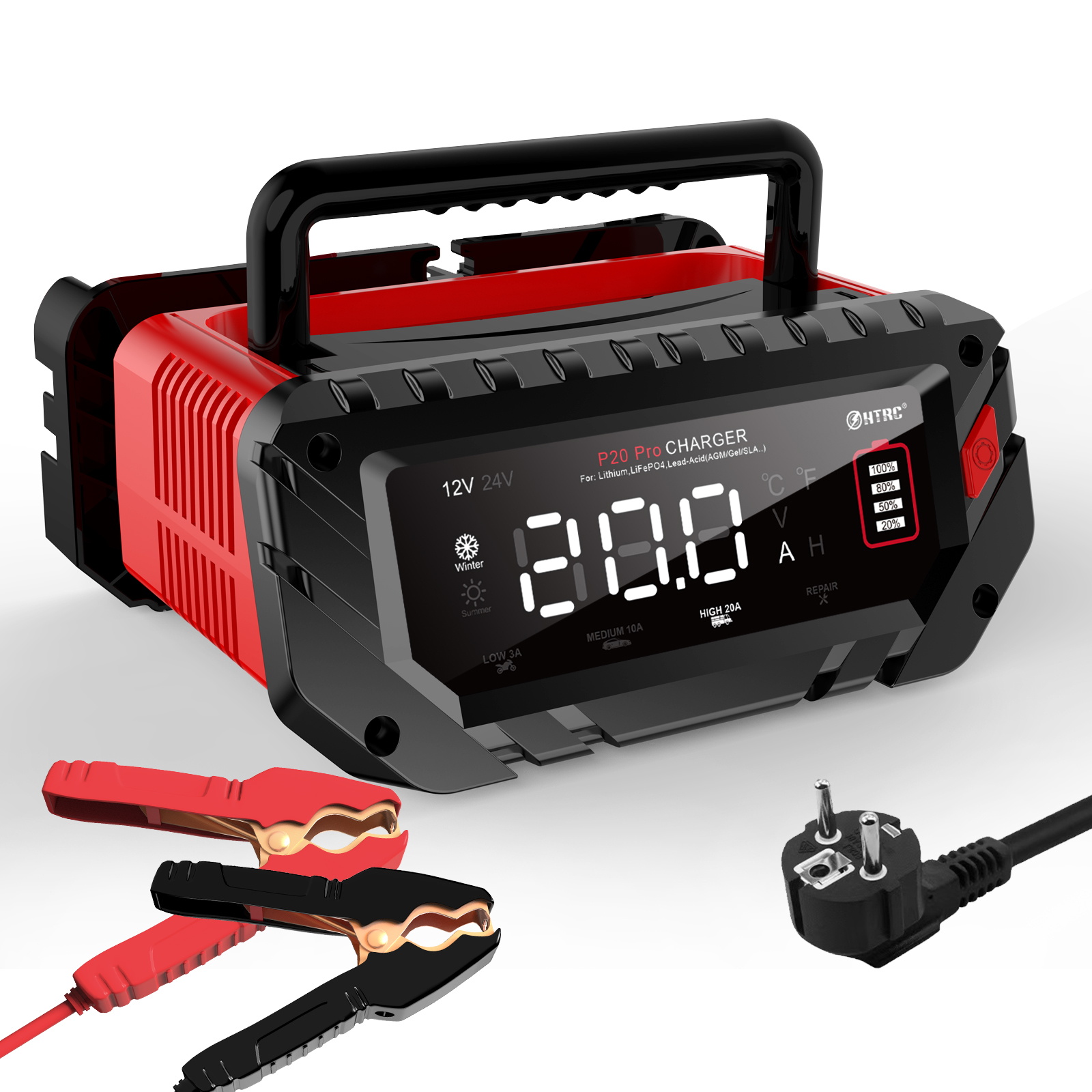 12V-24V 20A/10A Car Motorcycle Battery Charger Lithium AGM GEL Lead-Acid LiFePO4 Battery Charger Smart Pulse Repair Charger