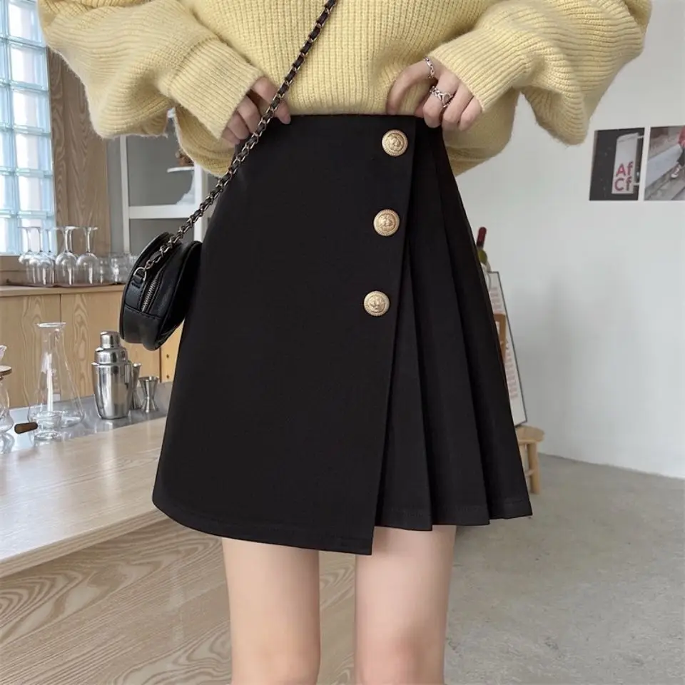 

Female Spring Autumn Summer High Waist Show Thin A-word Irregular New Short One-step Pleated Hip Skirt