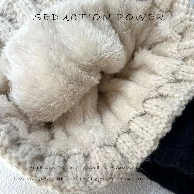 New Winter Twist Knitting Hat For Women Fur Pompom Thick Plush Cap Beanie Solid Color Ladies Warm Ski Snow Skullies Beanies 6