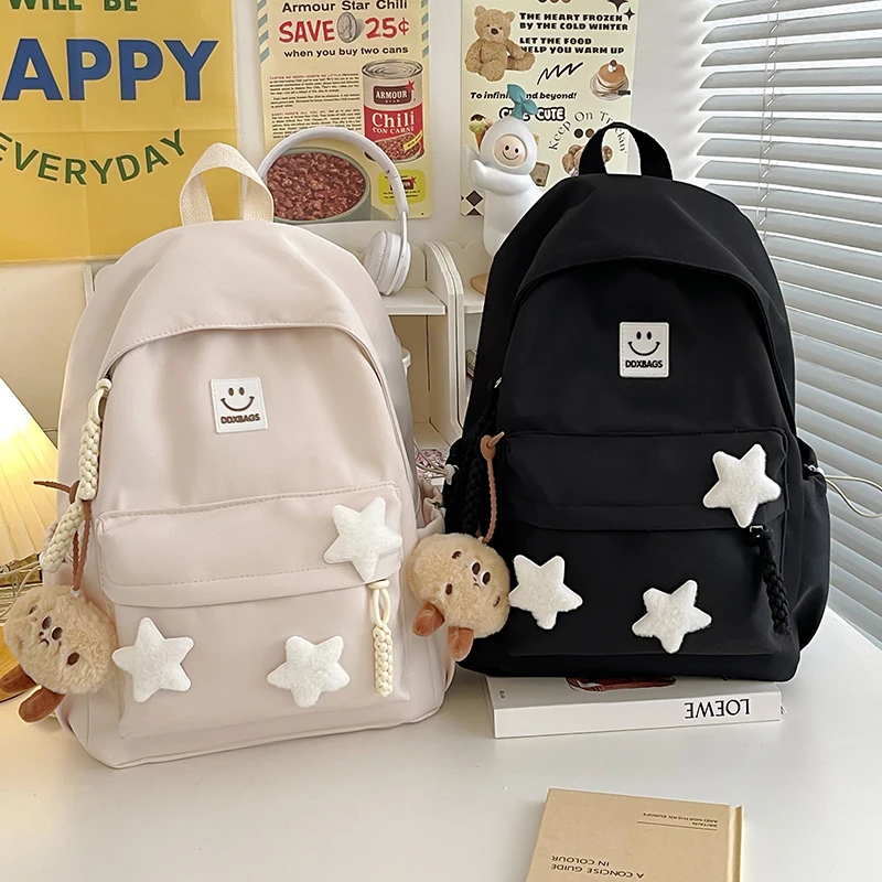 Cute Pink Backpack for Girls Fashionable Star Decorated School Bag with Plush Charm Ideal for Daily Use and School Cute Style Ba 4