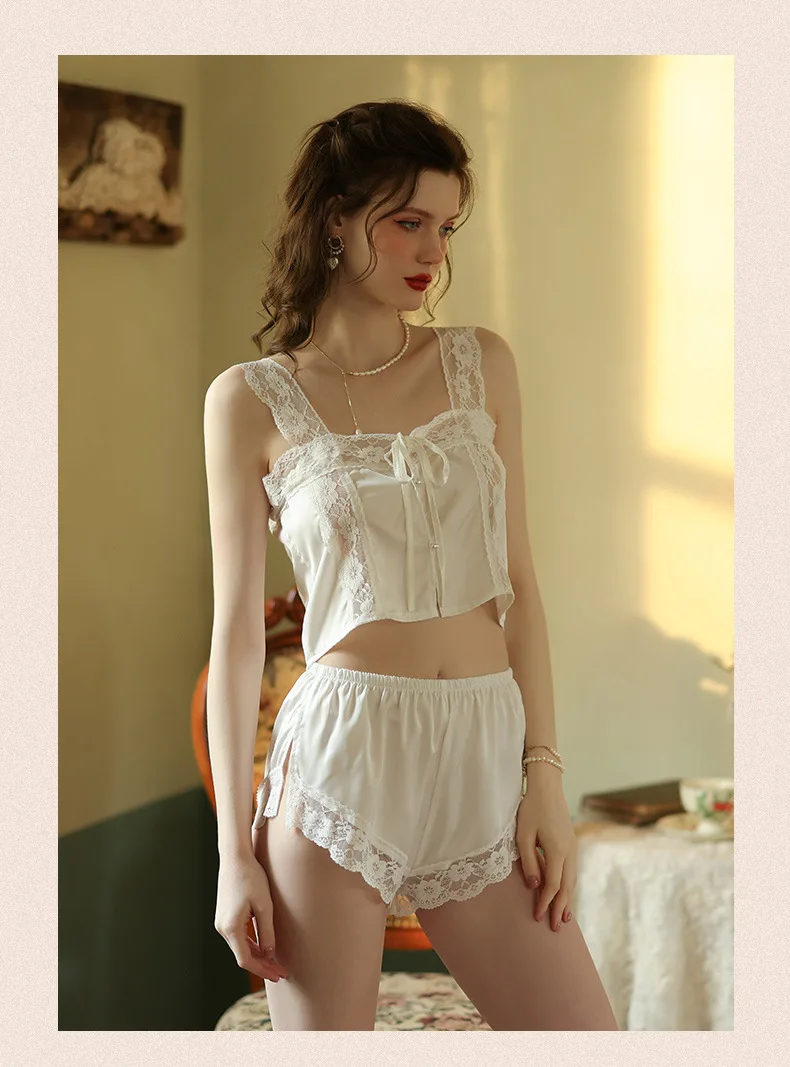 Ladies' sexy sleepwear ice silk thin style pure desire suspender shorts two-piece set lace seduction Sweet and lovely pajamas