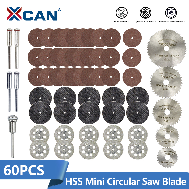 XCAN 60pcs HSS Mini Circular Saw Blade Set Resin Cut-Off Wood Cutting Disc Diamond Metal Saw Blade Power Tools for Dremel Drill