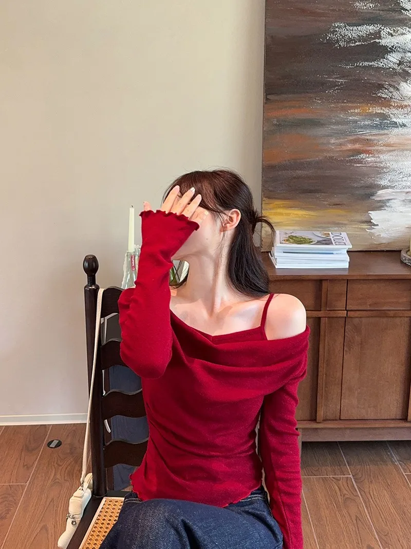 Fake Two-piece Off Shoulder Long Sleeve T-shirt Women's Sexy Slash Neck Flare Sleeve Base Shirt Top Autumn Casual Slim Fit Tops