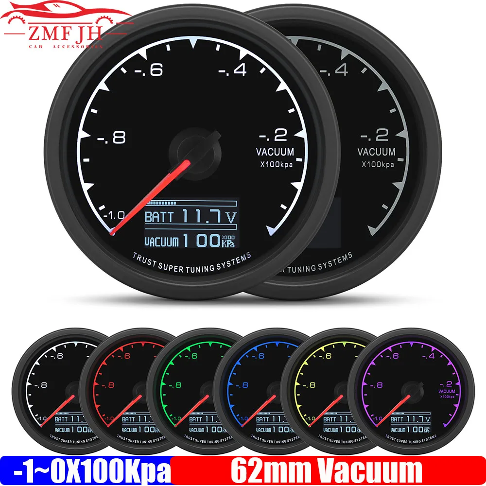 7 Color Backlight Poineter 2.5" 62mm Vacuum with Sensor -1~0X100Kpa Digital Vacuum+Holder Bracketer for Gasoline Racing Car 12V
