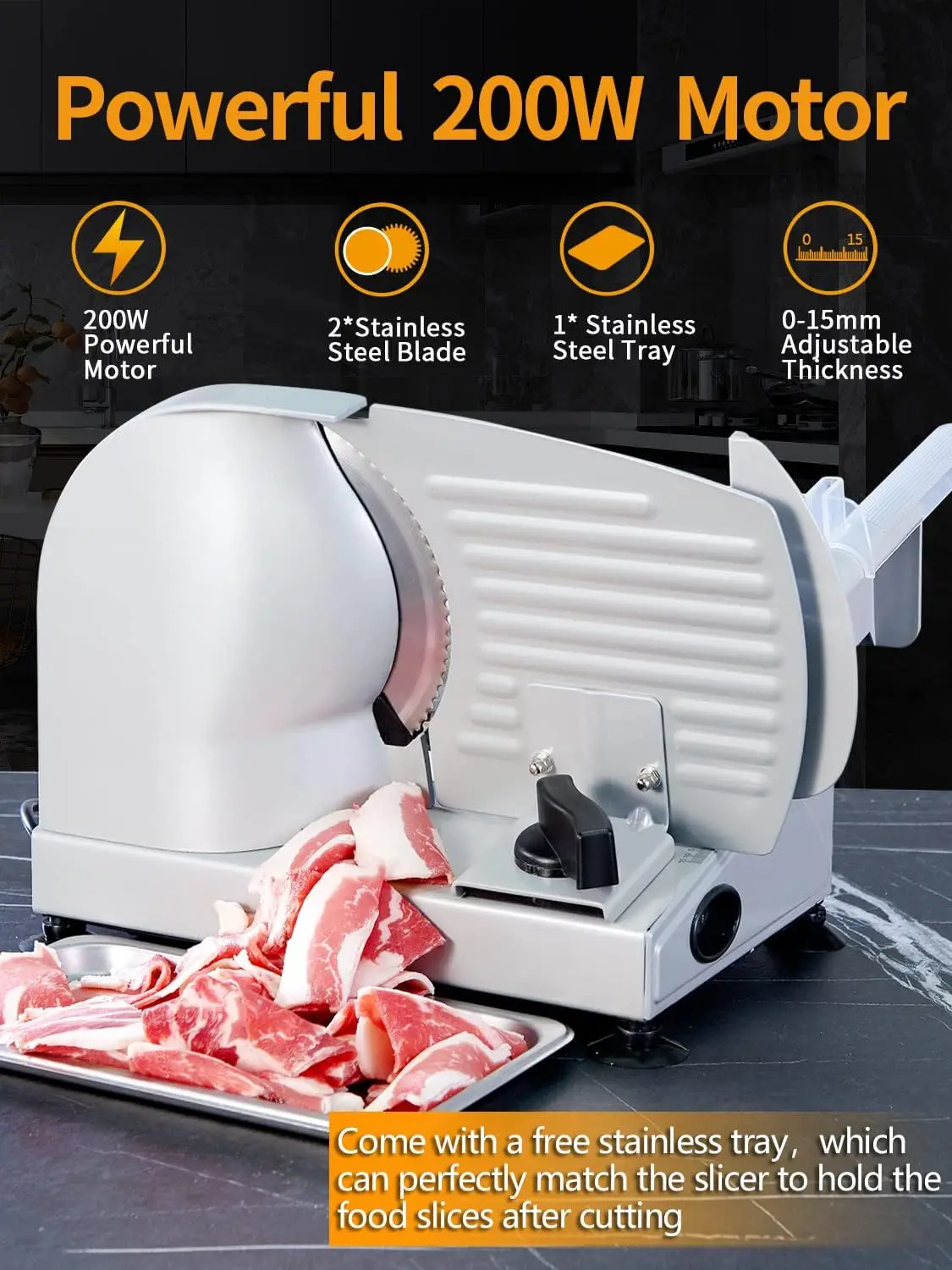 Slicer, 200W Electric Food Slicer with 2 Removable 7.5" Stainless Steel Blades and Stainless Steel Tray, Child Lock Protect 2
