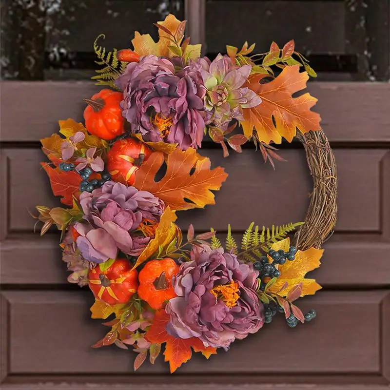 

Fall Wreaths For Front Door Peony Pumpkin Wreath Simulated Flower Multifunctional Round Wall Hanging For Outdoor Decor ornaments