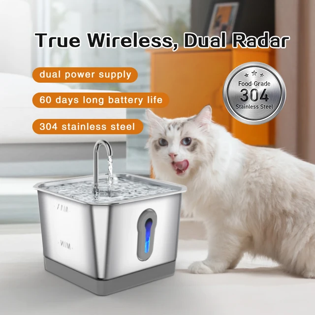 Fontaine à eau intelligente avec radar pour chats, acier inoxydable 4,0 L, batterie 5000mAh sans fil, distributeur d'eau pour animaux de compagnie, accessoires pour chats, touristes 2