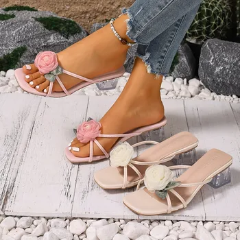 الصيف الفم الضحلة أنيقة بلون كعب مربع النعال عارضة المألوف جديد مريح زهرة في الهواء الطلق نعال شاطئ