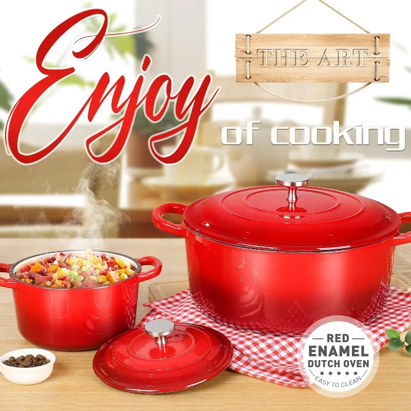 MGKKT Enameled Cast Iron Dutch Oven Set with Lids, 2pcs Cast Iron Pot, 6qt 15qt Enamel Cookware Pot, Red