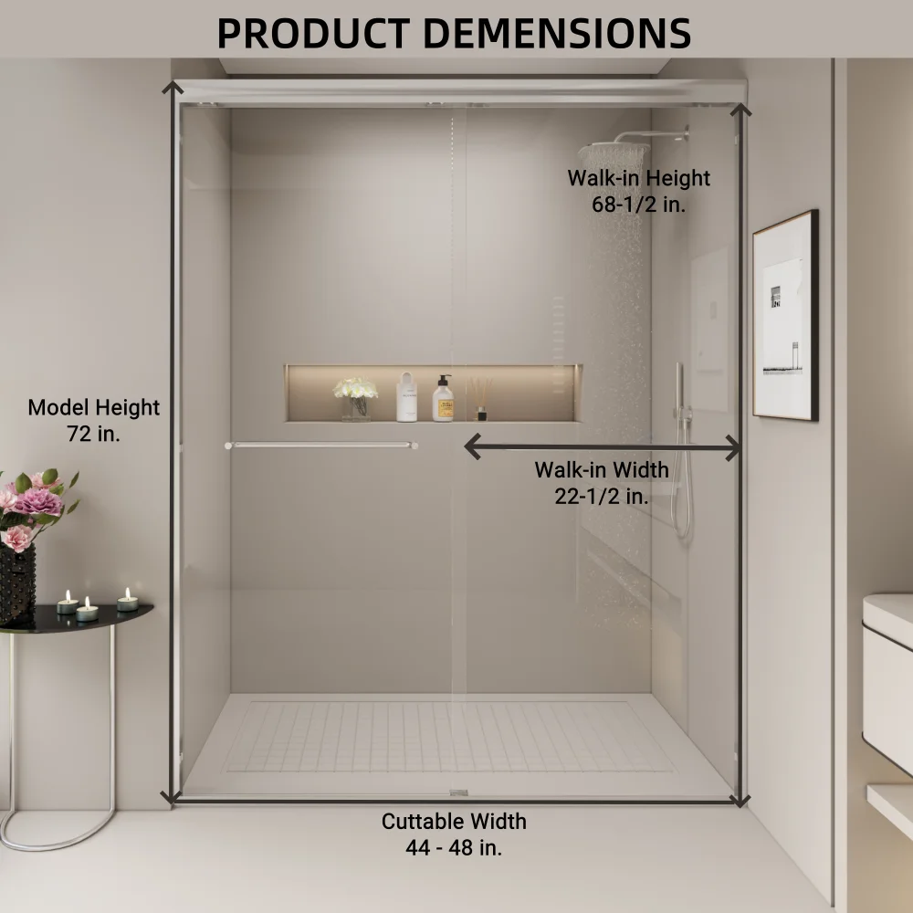 44-48 in. W x 72 in. H Double Sliding Shower Door, Semi-frameless Bypass Bathroom Sliding Door with 1/4" (6mm) Tempered Glass 2