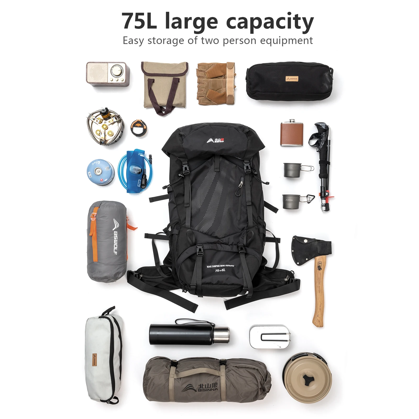 BISINNA 70L Camping Backpack Large Capacity Sport Bag With Rain Cover for Outdoor Travel Climbing Mountaineering Hiking Trekking 5