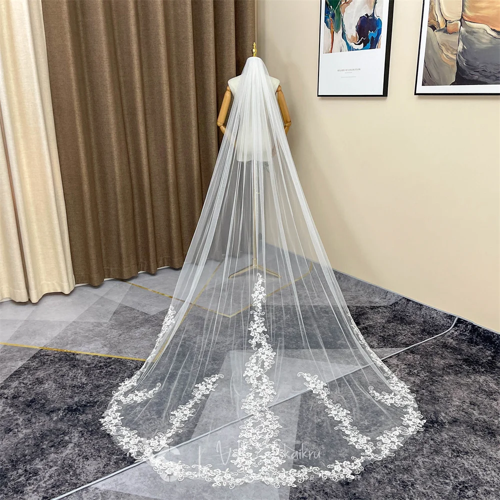 VK SKAIKRU One Layer Wedding Veil With Comb Ivory Cut Edge Bridal Veils for Wedding Appliqued Long Cathedral Wedding Veil