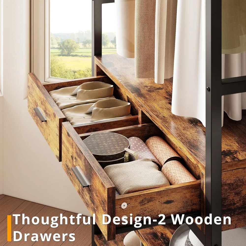 Closet Organizer and Storage Shelves, Heavy Duty Clothes Rack with 2 Wooden Drawers, L Shaped Coat Rack Corner Closet System 4