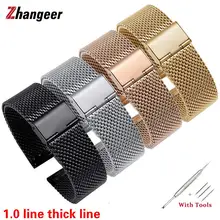 

Solid Stainless Steel Watchband 1.0 Thick Line Men Women Universal Flat Head Mesh Strap Watch Accessories 16 18 20 22 24mm+Tools